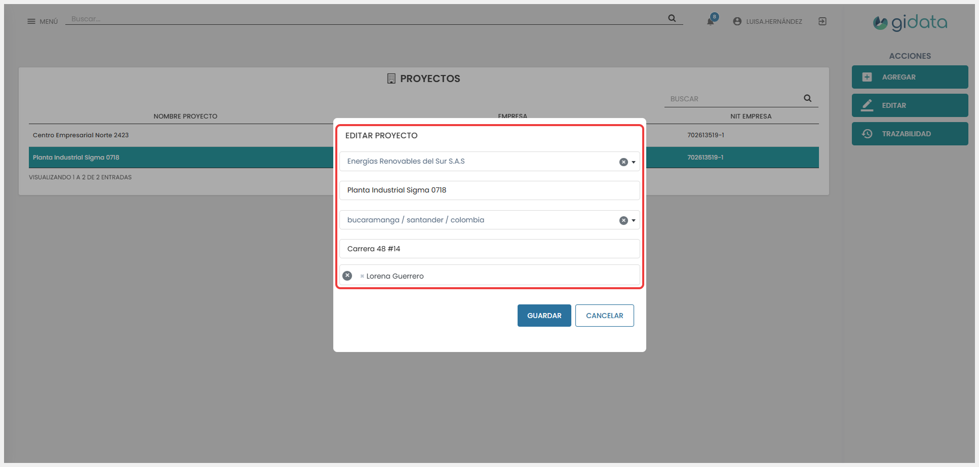 Vista del formulario ‘Editar proyecto’, donde se actualizan los diferentes campos.