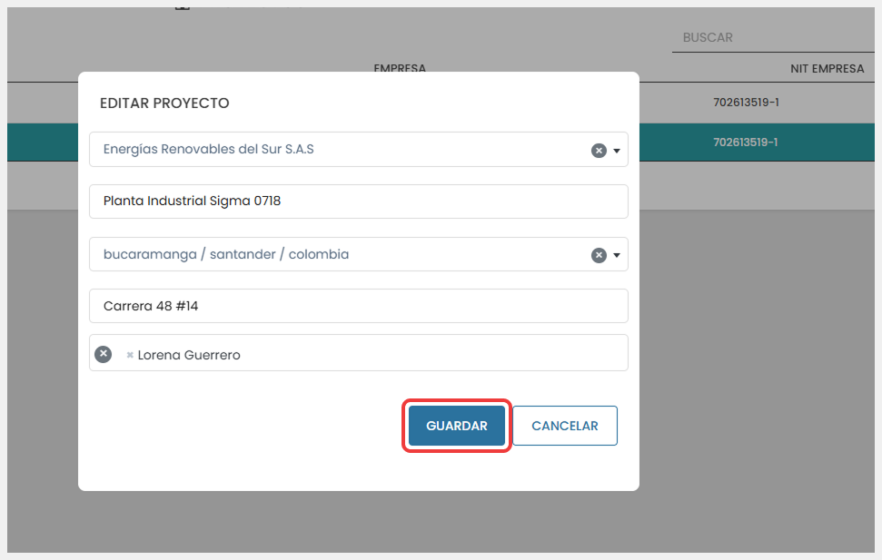 Una vez se actualicen los campos, se confirma la acción mediante el botón Guardar.