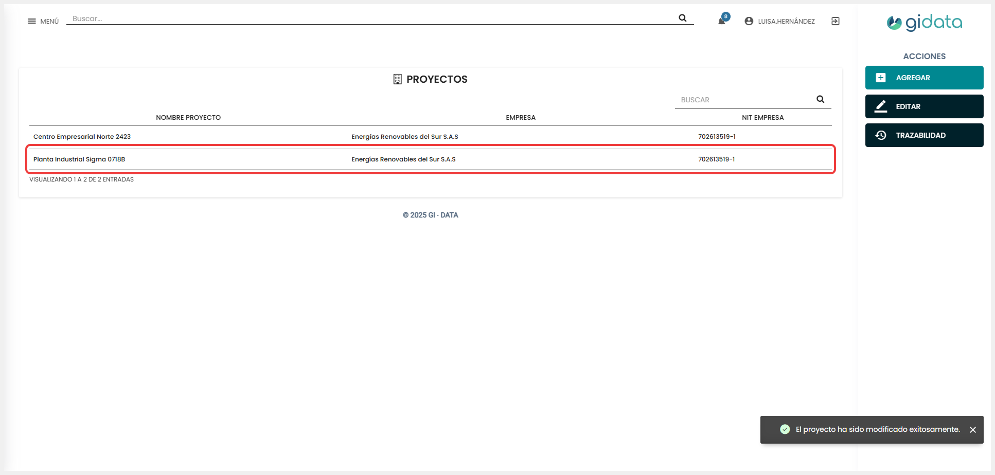 Vista del módulo donde se visualiza el proyecto editado.