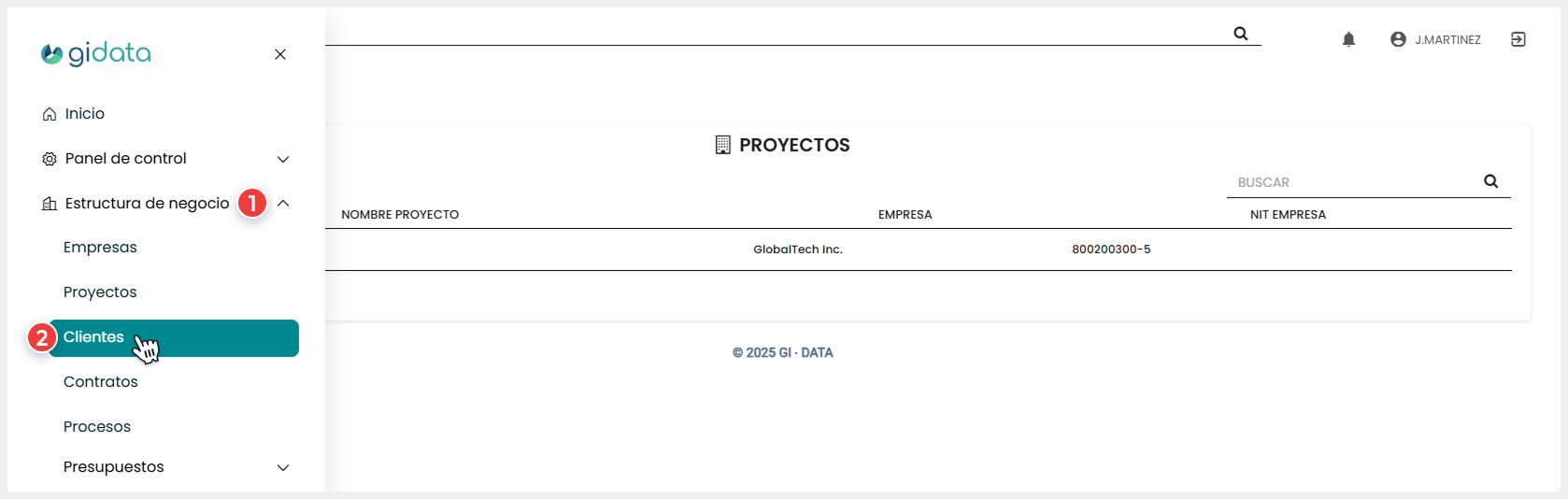Vista del menú, módulo ‘Estructura de negocio’ donde el usuario accede al submódulo ‘Clientes’