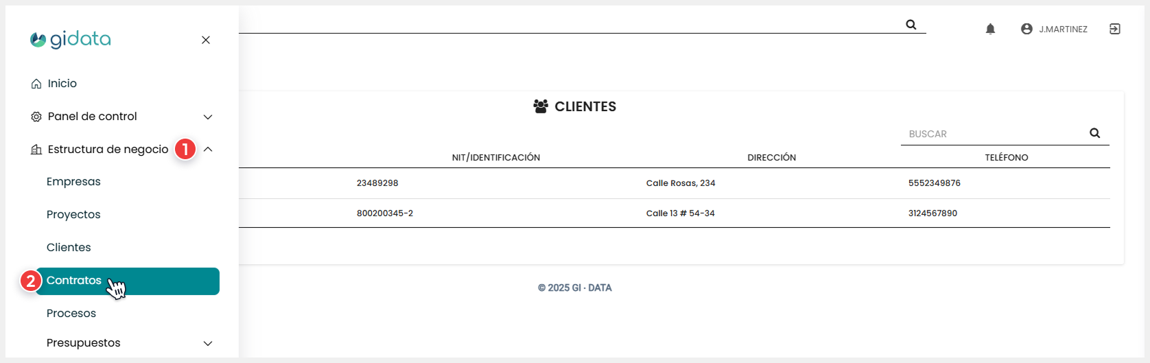 Vista del menú, módulo ‘Estructura de negocio’ donde el usuario accede al submódulo ‘Contratos’