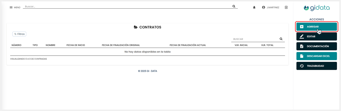 Vista de la sección de Contratos donde se selecciona el botón de ‘Agregar’