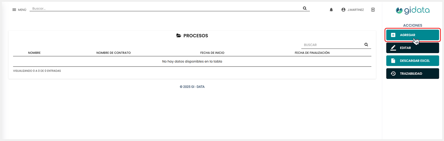 Vista de la sección de Contratos donde se selecciona el botón de ‘Agregar’