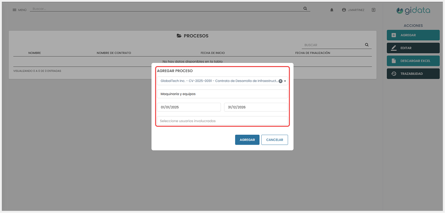 Vista del formulario ‘Agregar proceso, donde se completan los campos correspondientes.