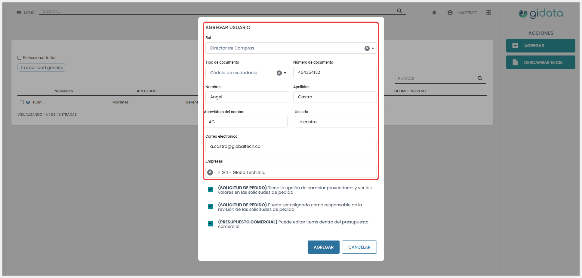 Vista de la sección de información del formulario ‘Agregar proceso’, donde se completan los campos correspondientes.
