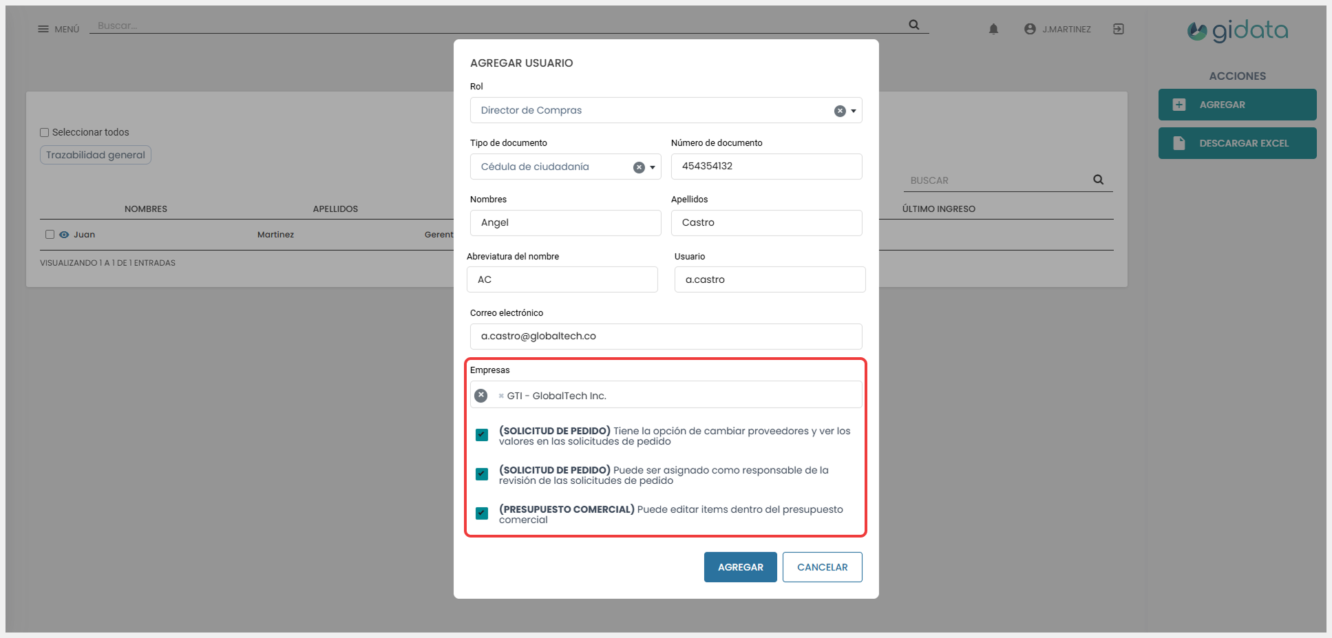 Vista de la sección de permisos especiales del formulario ‘Agregar proceso’, donde se completan los campos correspondientes.